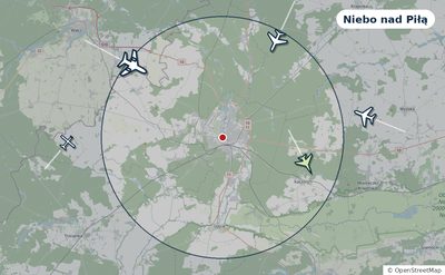 Mapa okolic miasta z sylwetkami samolotów — Niebo nad Piłą na żywo