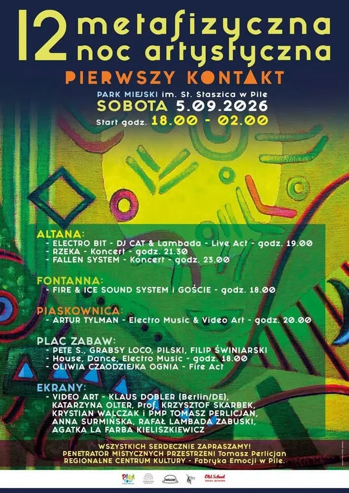 Grafika promocyjna wydarzenia 12. Metafizyczna Noc Artystyczna „Pierwszy Kontakt” w Pile