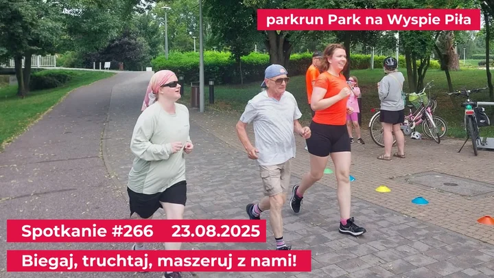 Obrazek przedstawia grafikę promocyjną wydarzenia Bezpłatny parkrun 5 km w Parku na Wyspie w Pile — 23 sierpnia 2025