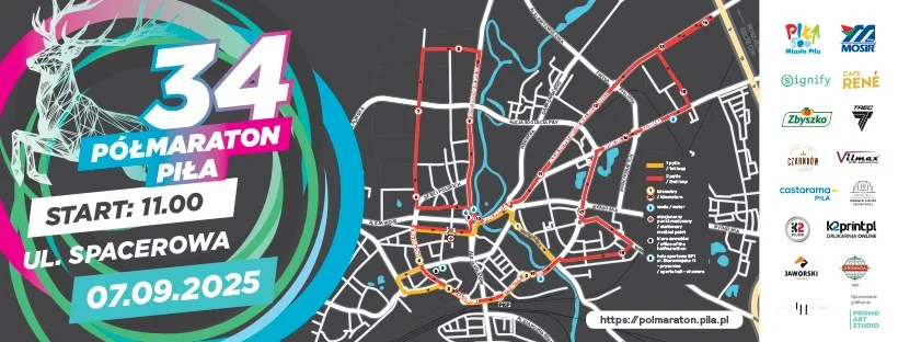 Grafika promocyjna wydarzenia 34. Półmaraton w Pile – informacje o biegu i trasie