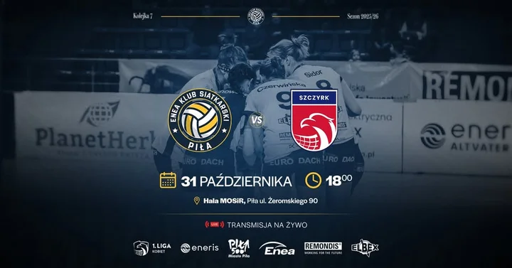 Grafika promocyjna wydarzenia Enea Klub Siatkarski Piła – SMS PZPS Szczyrk: przełożony mecz 7. kolejki w Pile