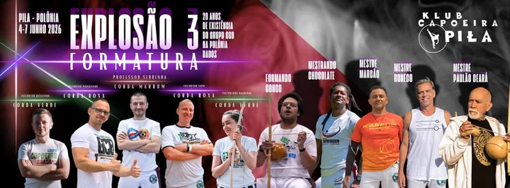 Grafika promocyjna wydarzenia EXPLOSÃO 3 – międzynarodowe spotkanie capoeira i 20-lecie Grupo Capoeira Brasil Mestre Marcão w Polsce