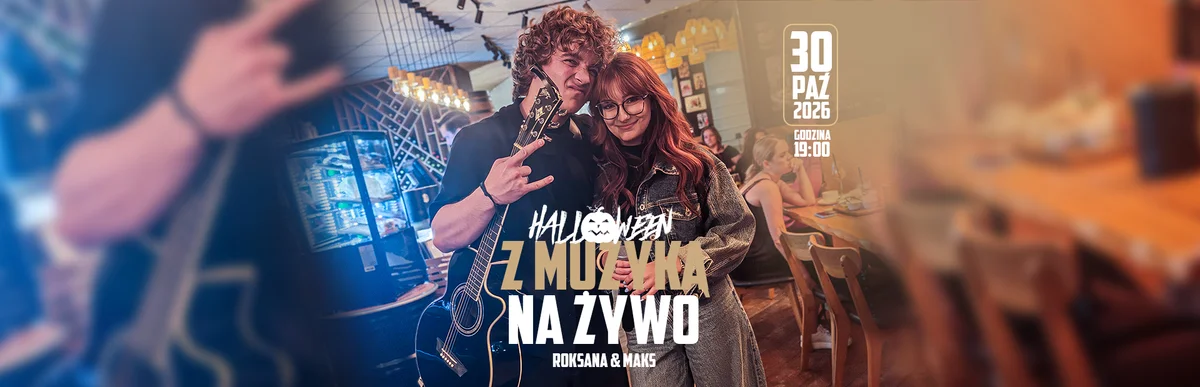 Grafika promocyjna wydarzenia Halloween z Muzyką na Żywo: Roksana & Maks w Pile