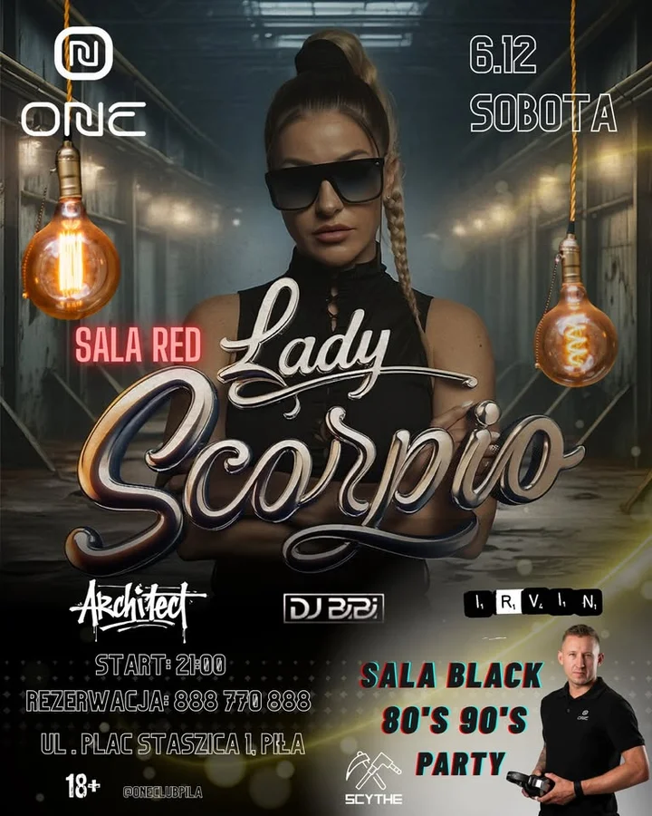 Grafika promocyjna wydarzenia Lady Scorpio w One Club Piła — impreza i live set, sobota 6 grudnia 2025
