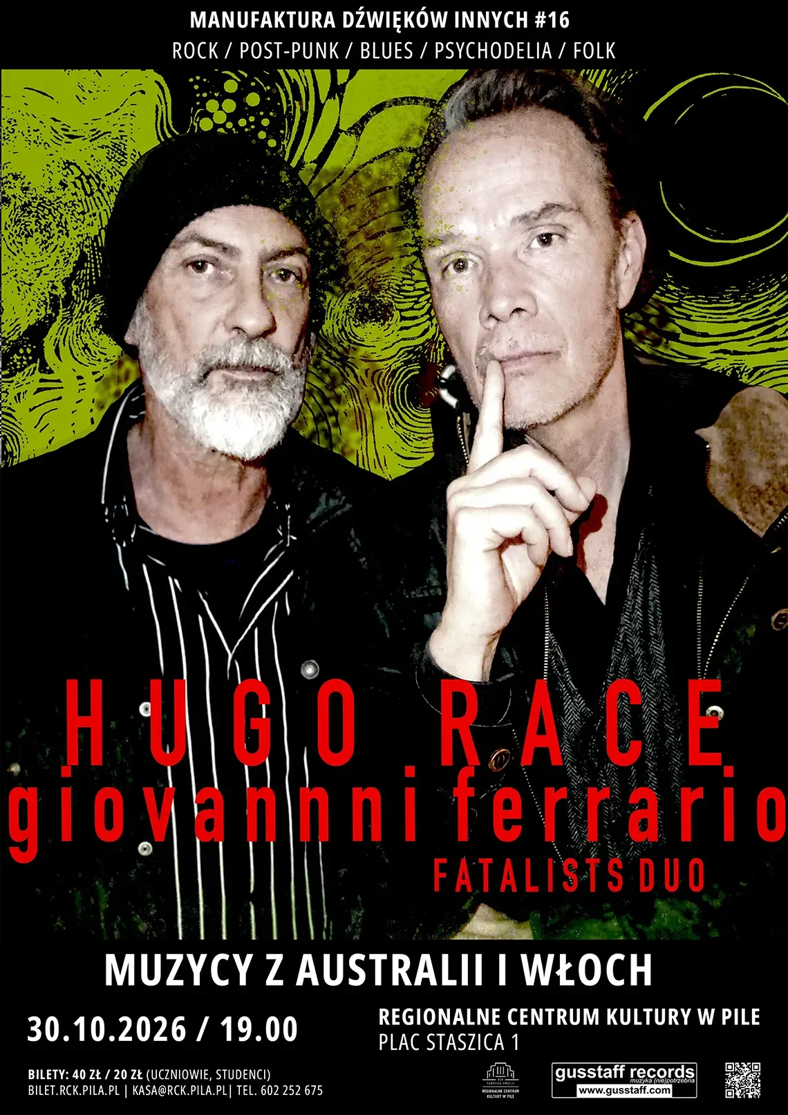 Grafika promocyjna wydarzenia Manufaktura Dźwięków Innych: Hugo Race i Giovanni Ferrario w Pile
