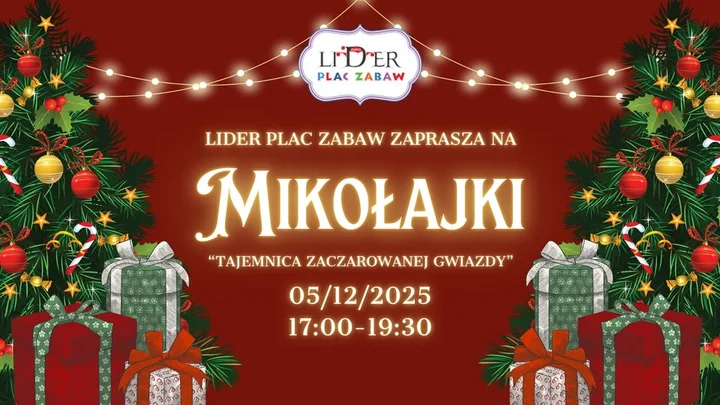 Grafika promocyjna wydarzenia Mikołajki w Sali Zabaw Lider (Atrium Kasztanowa), Piła — 5 grudnia 2025