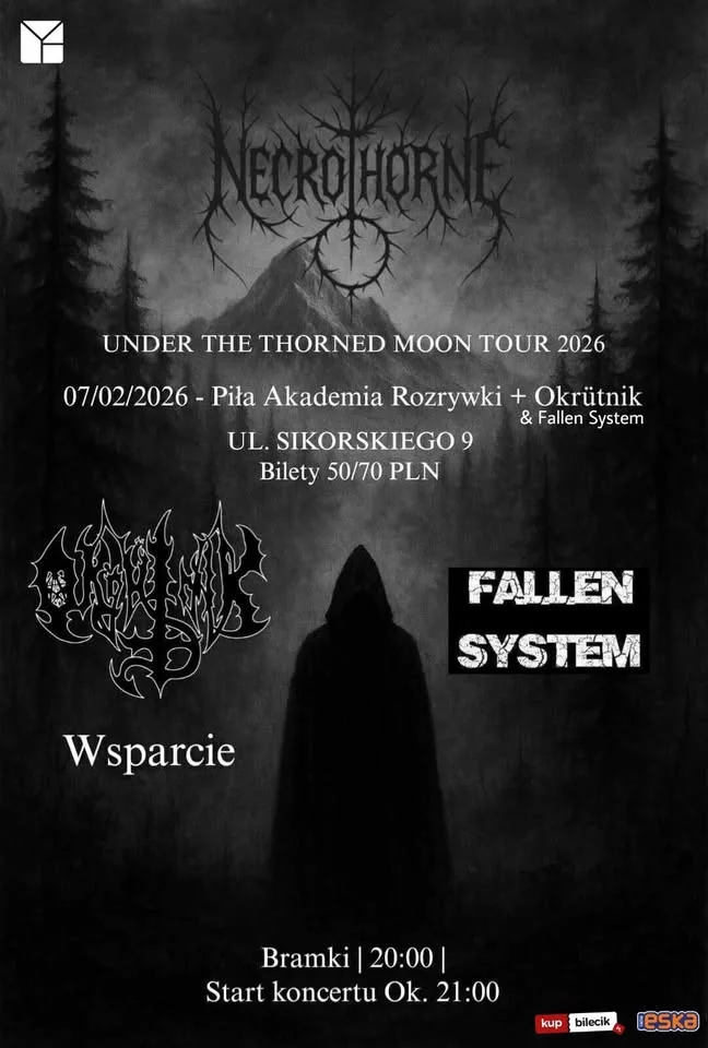 Grafika promocyjna wydarzenia UNDER THE THORNED MOON na żywo: Necrothorne, Okrütnik i Fallen System w Akademii Rozrywki (Piła)
