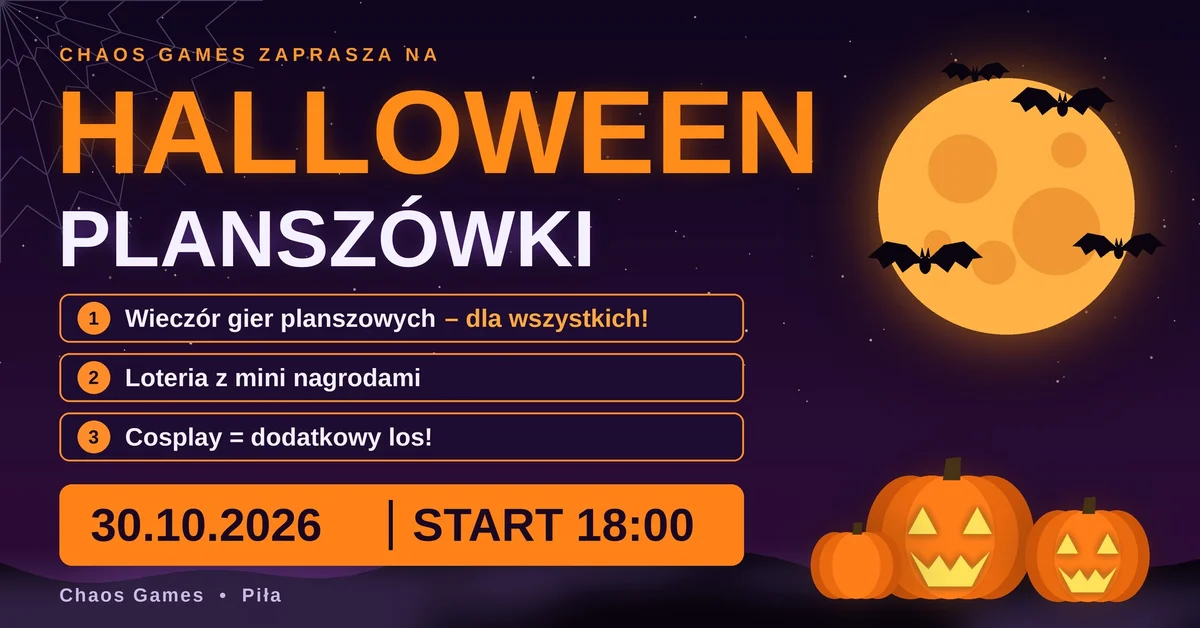 Grafika promocyjna wydarzenia Nocka Halloween w Pile: planszówki