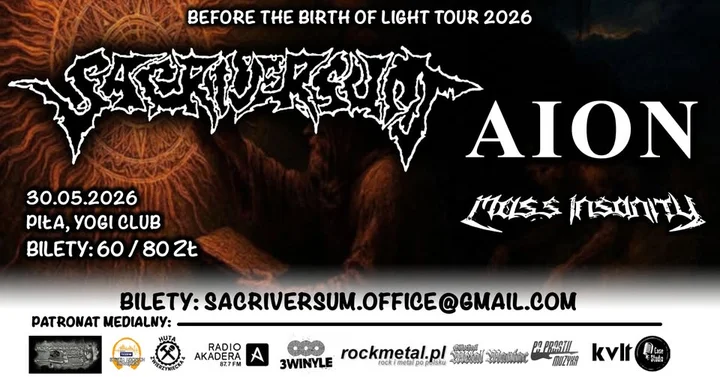 Grafika promocyjna wydarzenia SACRIVERSUM z AION i MASS INSANITY — 30 maja, Piła (YOGI Klub)