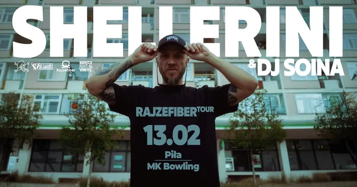 Grafika promocyjna wydarzenia SHELLERINI + DJ SOINA w MK Bowling Piła (trasa Rajzefiber) — 13 lutego 2026