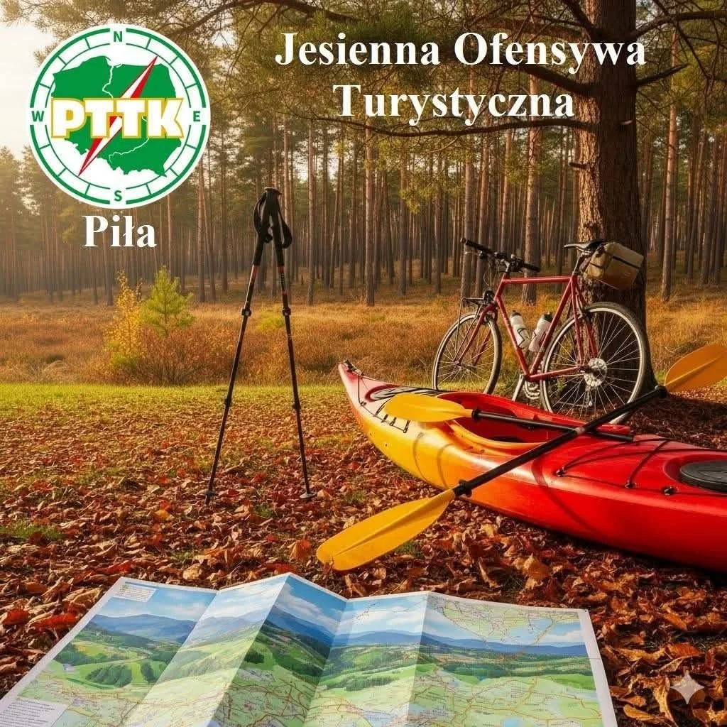 Grafika promocyjna wydarzenia Przez jesienną Piłę do Indiańskiej Wioski – spływ Gwdą