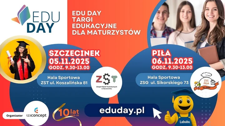 Grafika promocyjna wydarzenia Targi Edu Day Szczecinek–Piła 2025 — targi edukacyjne dla maturzystów