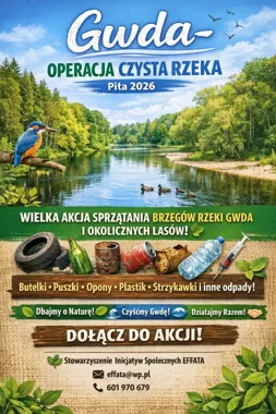 Grafika promocyjna wydarzenia Gwda – Operacja Czysta Rzeka w Pile (22 kwietnia 2026)