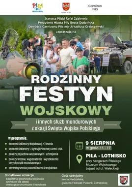 Grafika promocyjna wydarzenia Rodzinny Festyn Wojskowy i innych służb mundurowych z okazji Święta Wojska Polskiego