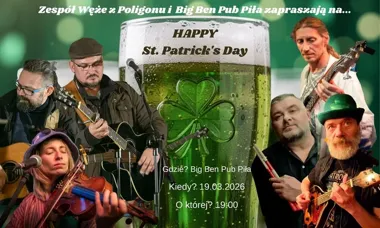 Grafika promocyjna wydarzenia St. Patricks Day Big Ben Pub Piła 2026 — zielona noc w Pile