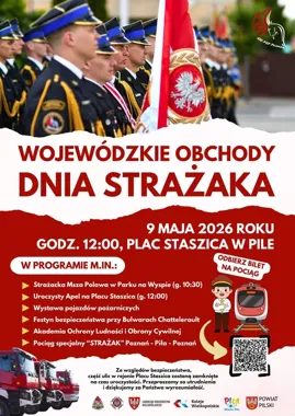 Grafika promocyjna wydarzenia Wojewódzkie Obchody Dnia Strażaka 2026 w Pile: msza, apel i festyn bezpieczeństwa
