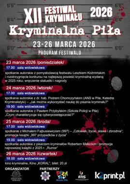 Grafika promocyjna wydarzenia XII Festiwal Kryminału „Kryminalna Piła” — literackie śledztwo w sercu Piły