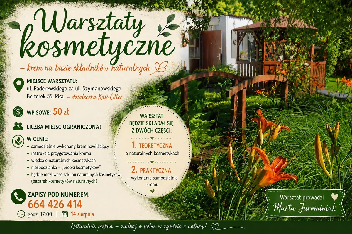 Grafika promocyjna wydarzenia Warsztaty Kosmetyczne – Stwórz swój naturalny krem! Piła. Naturalna pielęgnacja