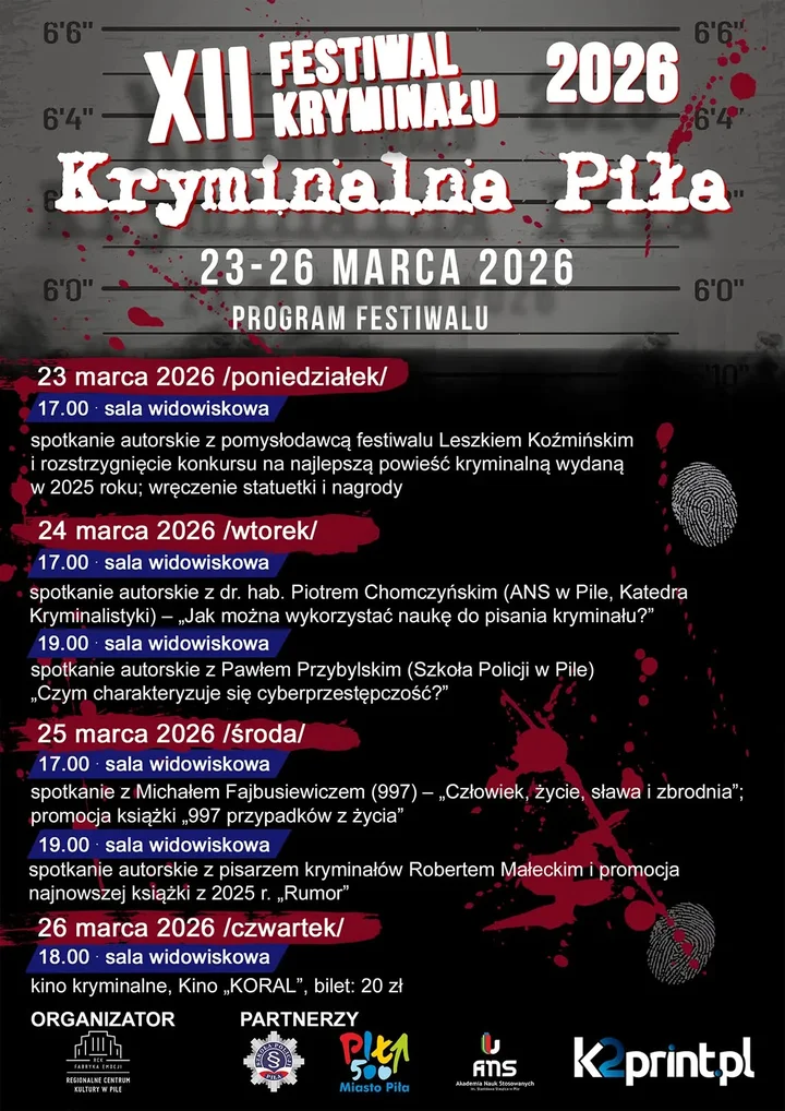 Grafika promocyjna wydarzenia XII Festiwal Kryminału „Kryminalna Piła” — literackie śledztwo w sercu Piły