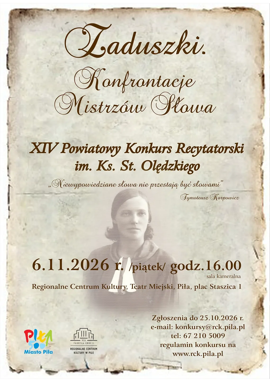 Grafika promocyjna wydarzenia Zaduszki. Konfrontacje Mistrzów Słowa w Pile