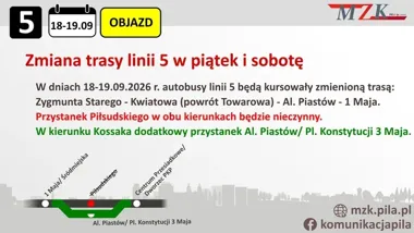Autobusy linii 5 pojadą objazdem. Zmiany w centrum Piły